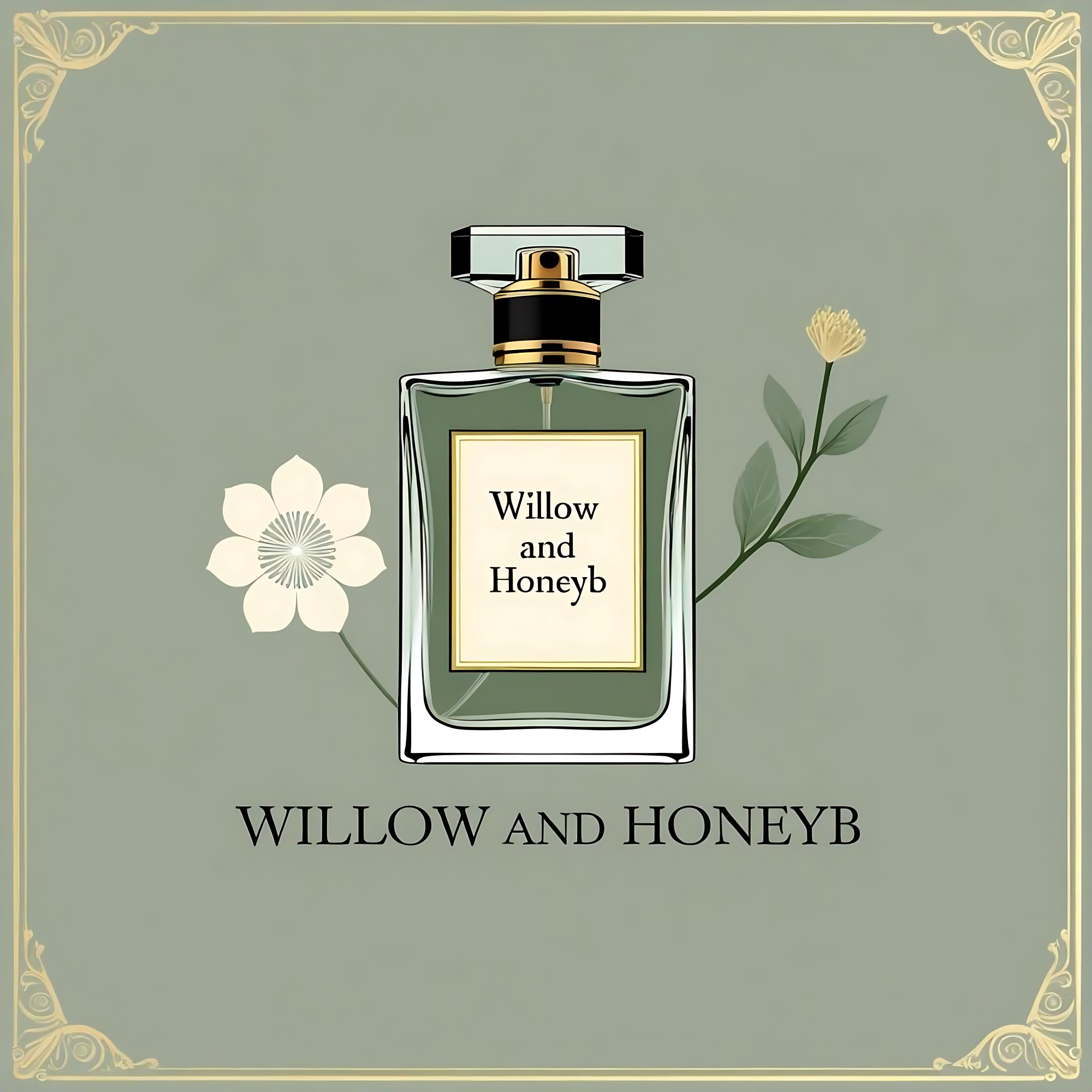 Perfume bottle with 'Willow and Honeyb' branding on a light green background